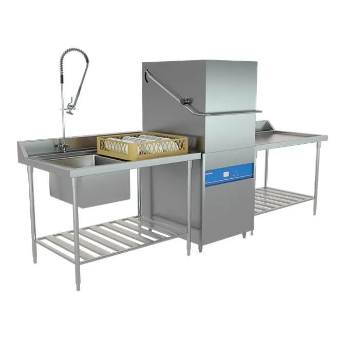 Hood type commercial dishwasher with inlet and outlet tables, one of the higher-capacity units a purchase decision covers.